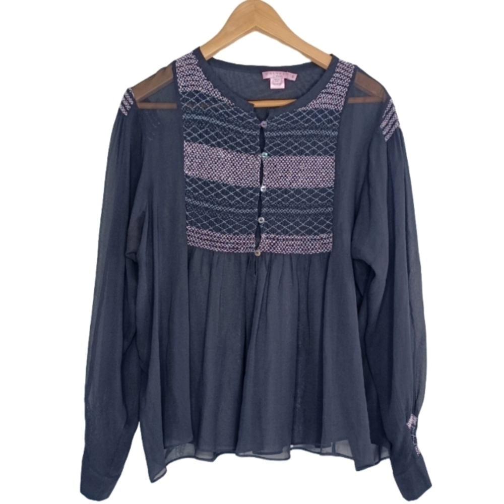 Calypso St Barth 100% Silk Sz S Embroidered Sheer Peasant Top